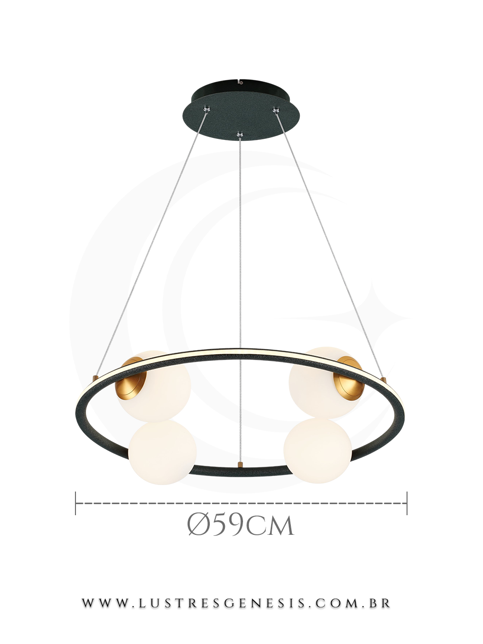 Lustre pendente com 4 globos leitosos da marca Sindora, ideal para sala de jantar ou estar, com design moderno e diâmetro de 59cm.